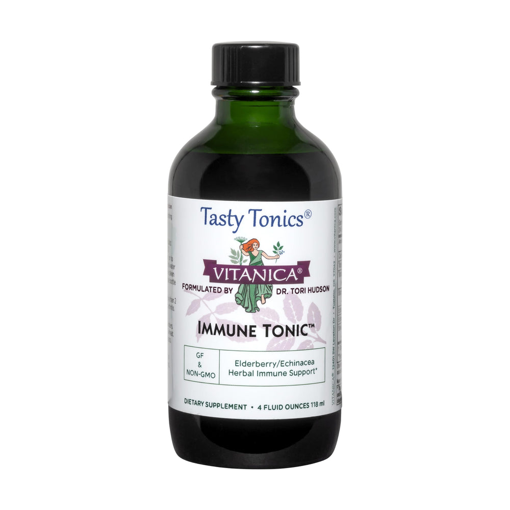 Vitanica Immune Tonic elderberry bottle showing the immune support blend.