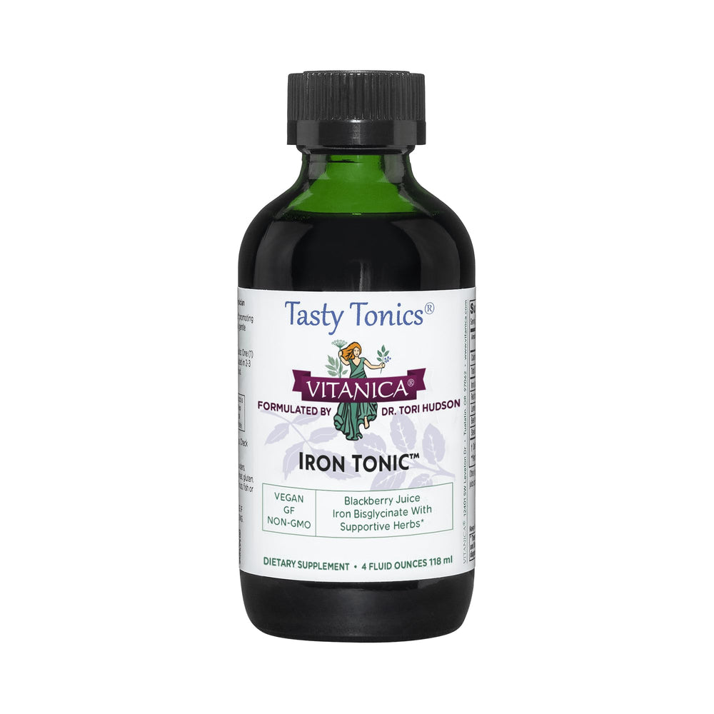 Vitanica Iron Tonic bottle with berry flavor ready for daily use.