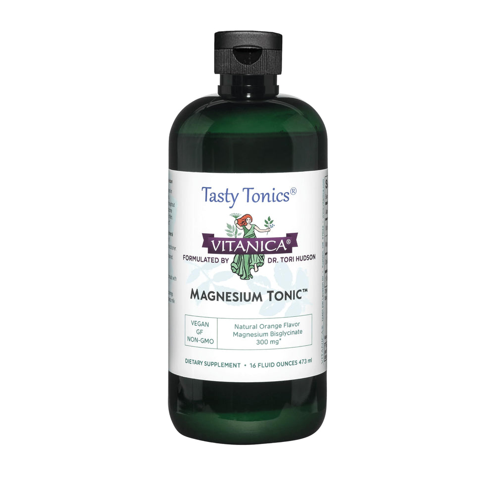 Vitanica Magnesium Tonic orange bottle pour for easy daily relaxation