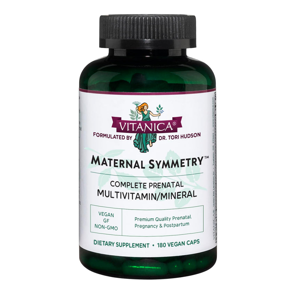 Vitanica Maternal Symmetry bottle front view highlighting vegan prenatal support
