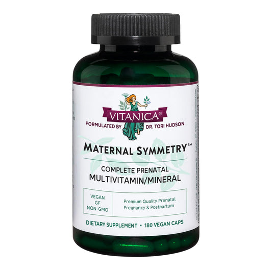 Vitanica Maternal Symmetry bottle front view highlighting vegan prenatal support
