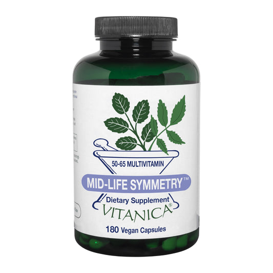 Vitanica Mid-Life Symmetry bottle front, daily vegan multivitamin for bone and immune support.