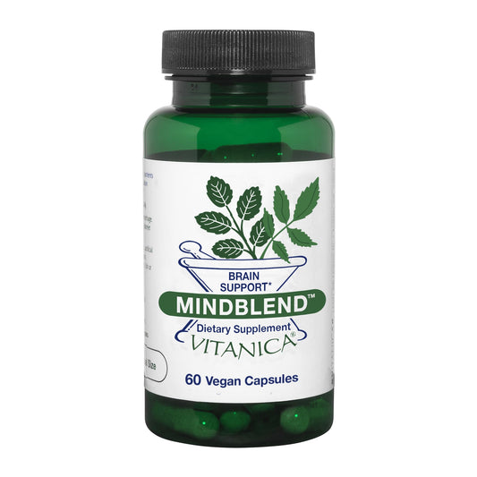 Vitanica MindBlend brain bottle on a clean surface, suggesting daily supplement use