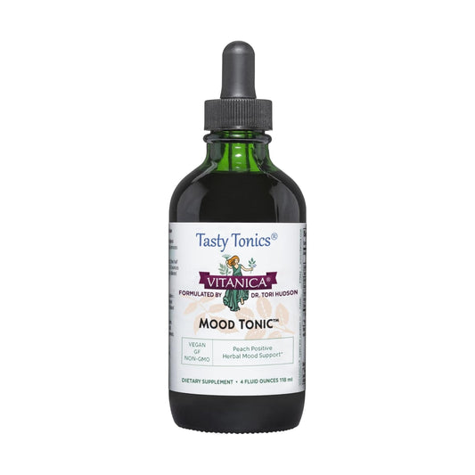 Vitanica Mood Tonic bottle-front view shows peach mood support.
