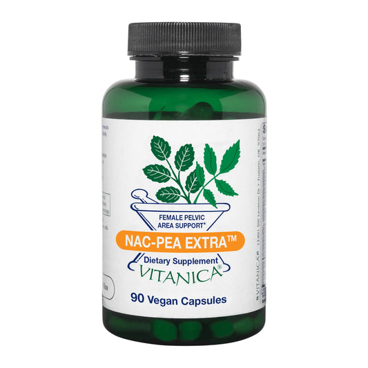 Vitanica NAC-PEA Extra bottle front showing pelvic health support in vegan capsules