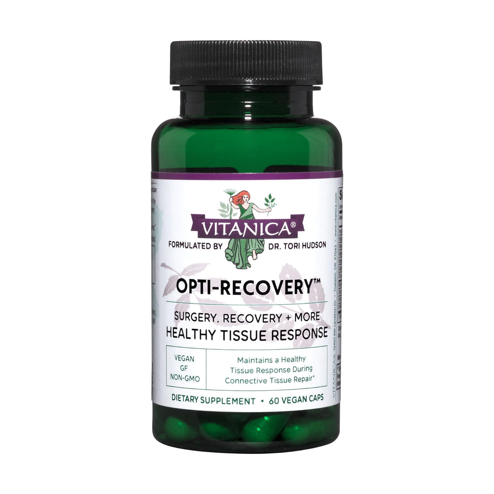 Vitanica Opti-Recovery bottle on a clean surface suggesting daily tissue support after surgery.