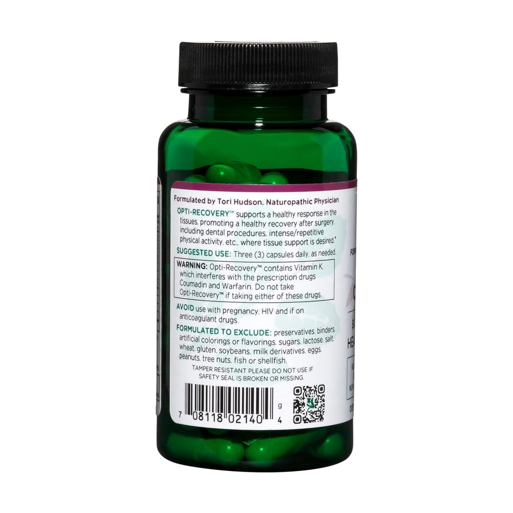 Vitanica Opti-Recovery label on bottle emphasizes Vitamin C and tissue care ingredients.