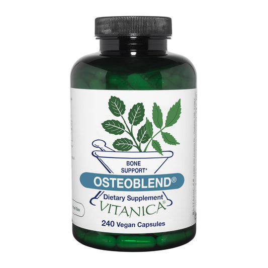 Vitanica OsteoBlend bottle front shows a vegan bone support formula.