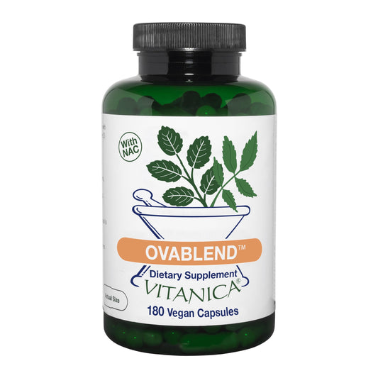 Vitanica OvaBlend bottle front view highlighting daily ovulation support for women