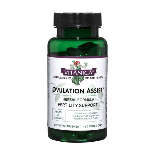 Vitanica Ovulation Assist bottle with capsules for hormonal balance support.