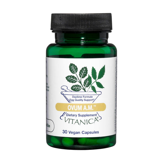 Vitanica Ovum A.M. bottle front signaling antioxidant support for egg quality.