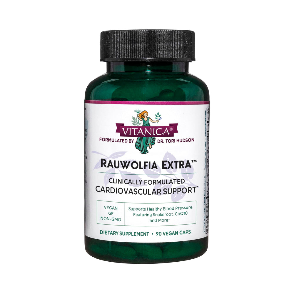 Vitanica Rauwolfia Extra bottle label highlights vegan heart support.