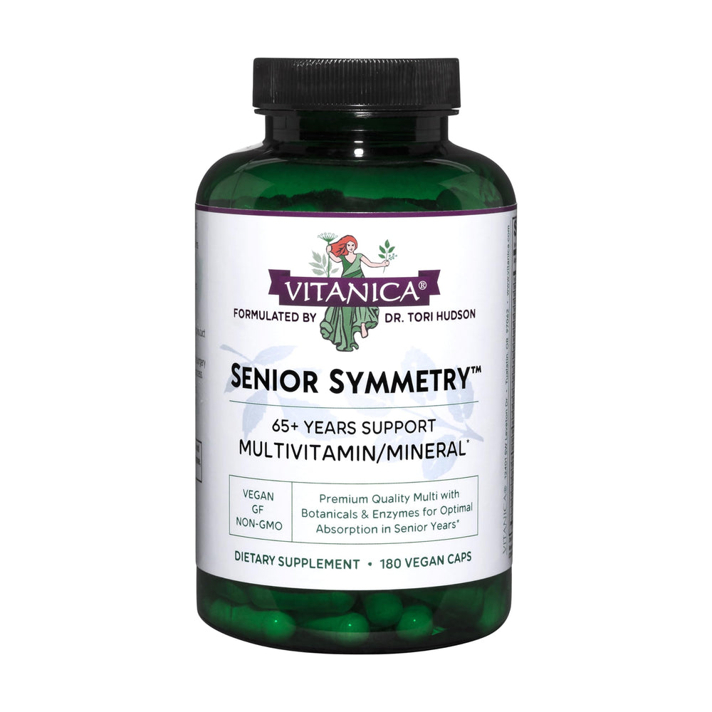 Vitanica Senior Symmetry bottle front showcases vegan multivitamins for aging wellness.