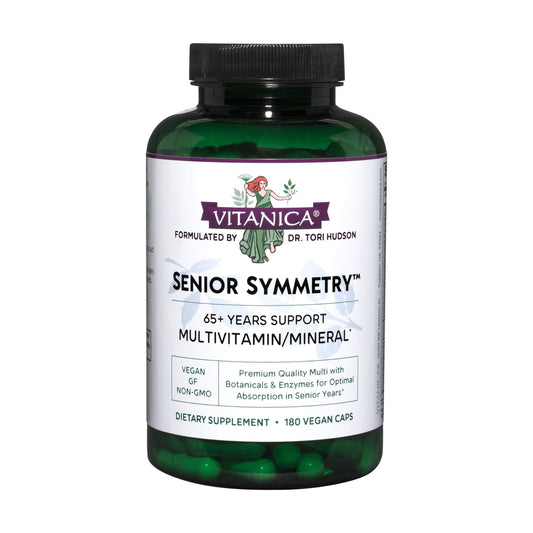 Vitanica Senior Symmetry bottle front showcases vegan multivitamins for aging wellness.