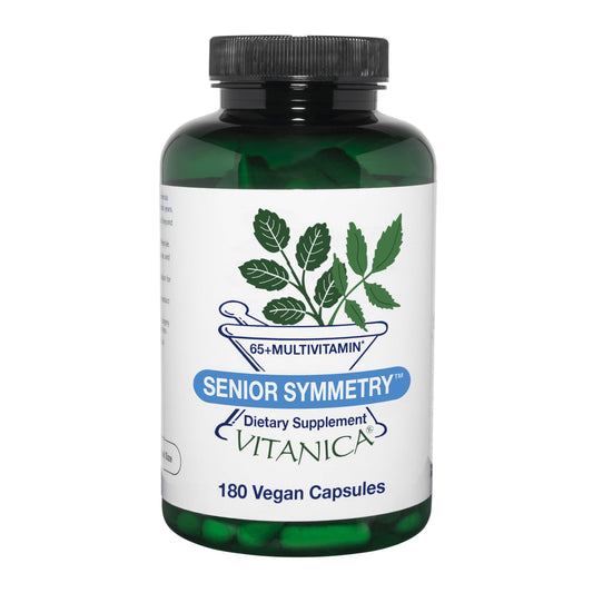 Vitanica Senior Symmetry bottle with vegan multivitamin capsules for aging adults.