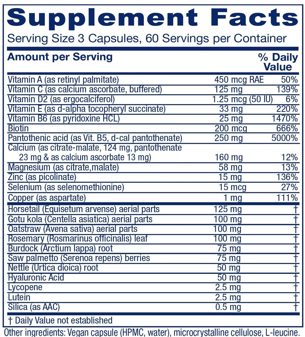Vitanica Skin Assist ingredients label highlighting herbal and nutrient blend for skin function.