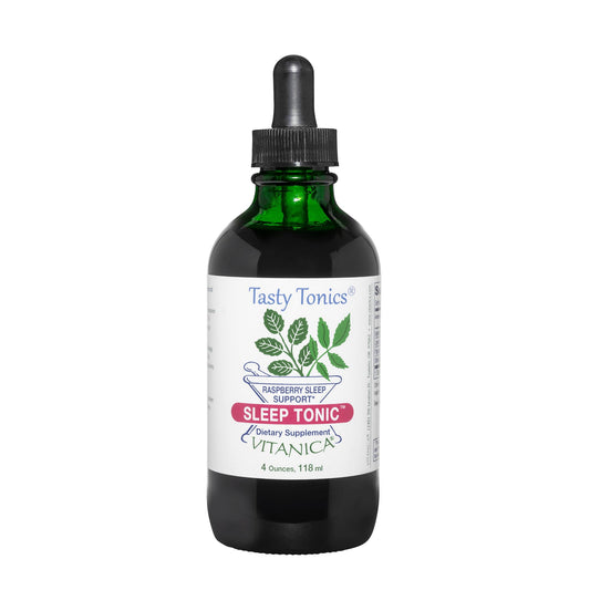 Vitanica Sleep Tonic bottle and pour for easy nightly use and calm evenings.