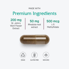 Vitanica Uplift bottle pour showing simple daily dosing for mood balance.
