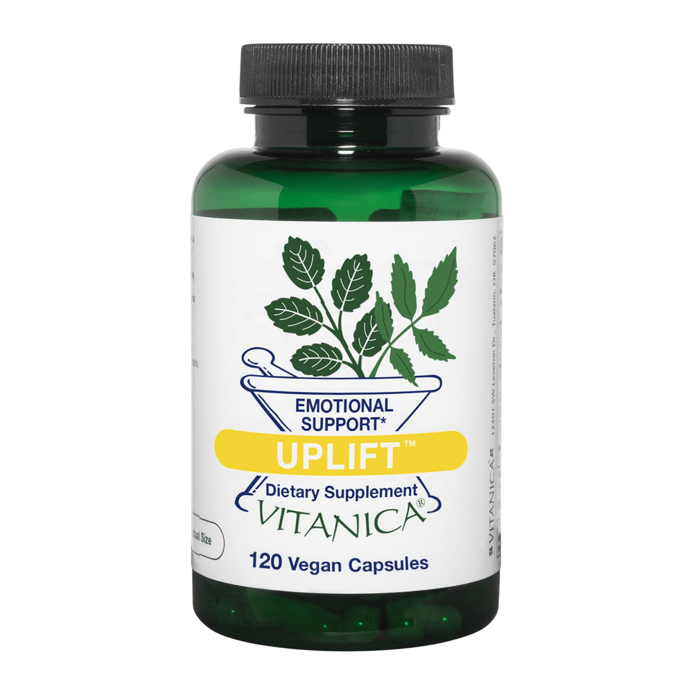 Vitanica Uplift mood support bottle label highlights vegan capsules for daily well-being.