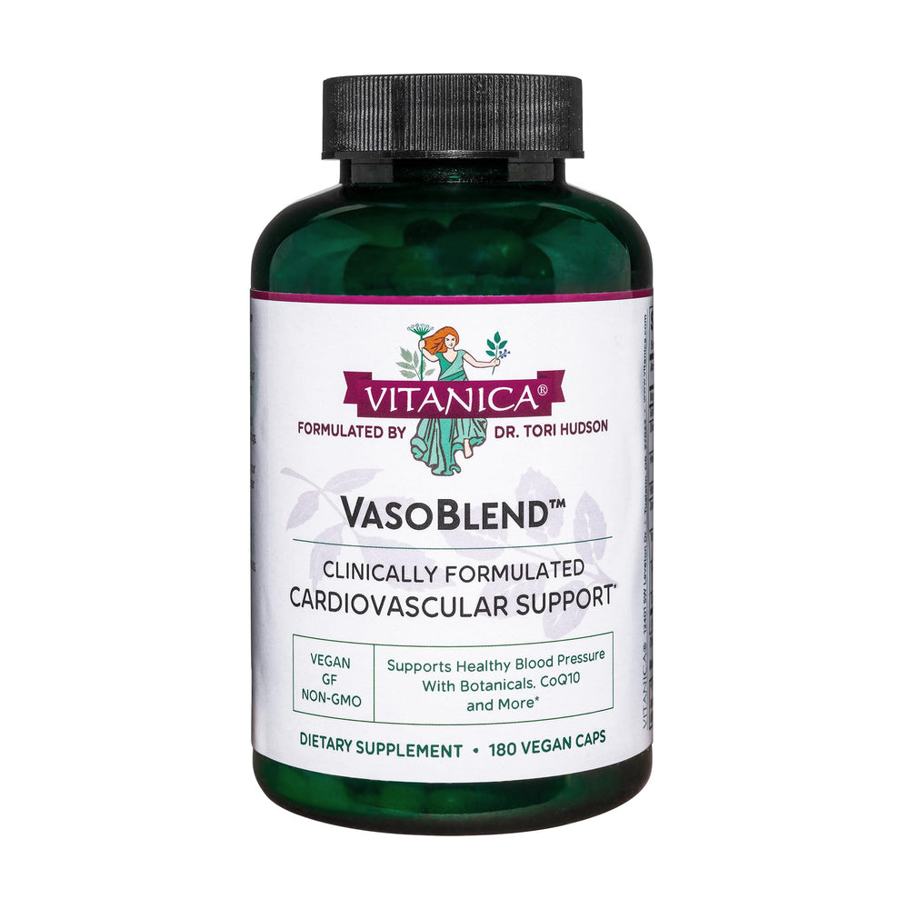 Vitanica VasoBlend bottle front with vegan heart health capsules for daily wellness.