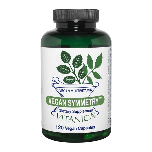 Vitanica Vegan Symmetry bottle front shows easy daily vegan nutrition.
