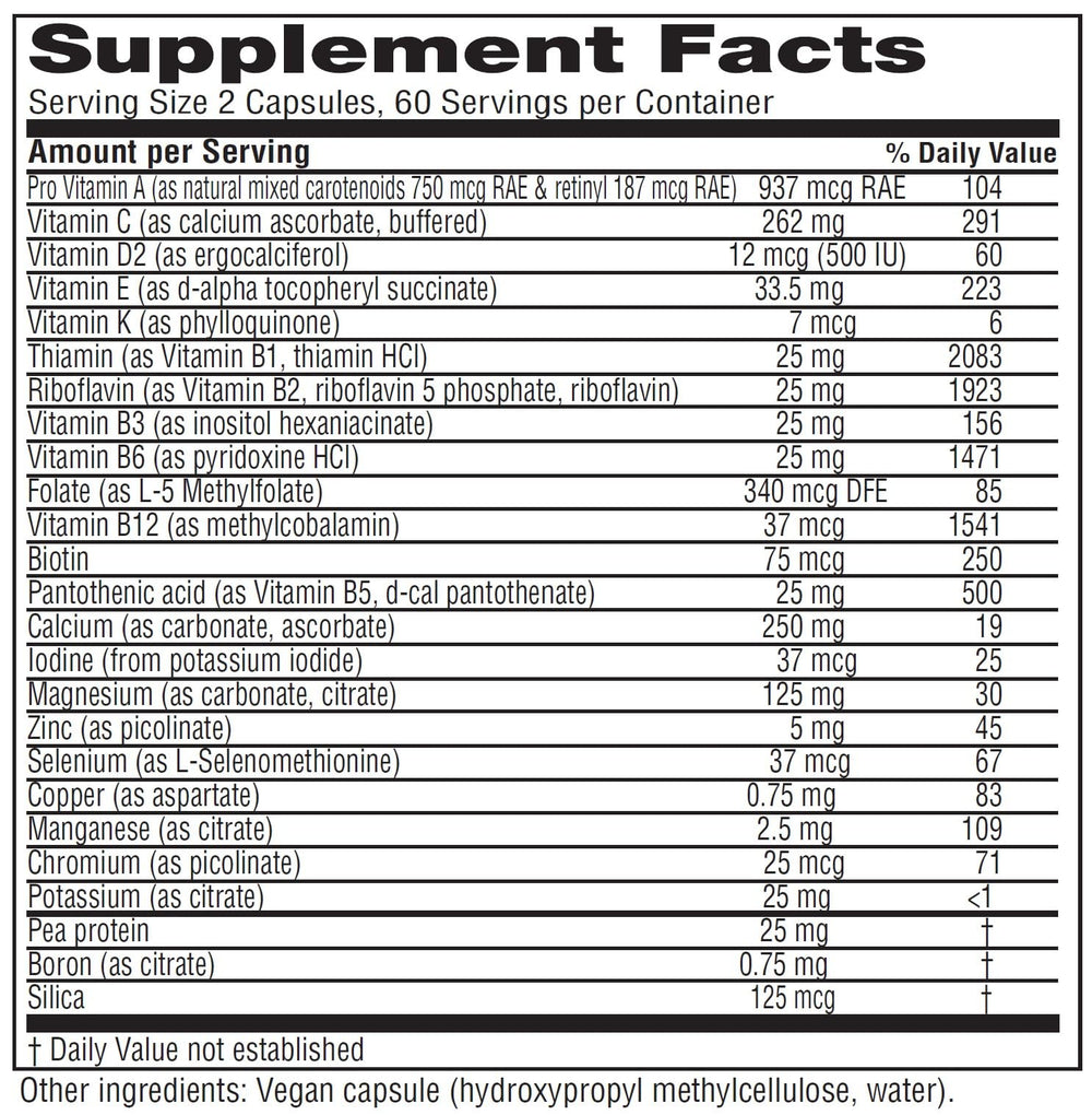 Close-up of the Vitanica Vegan Symmetry label shows gluten-free, non-GMO vegan ingredients.