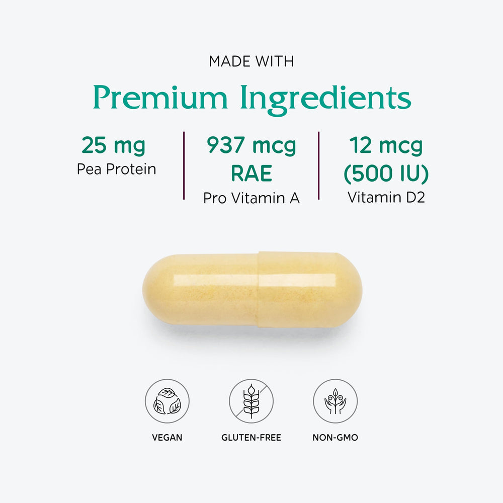 Packaging close-up for Vitanica Vegan Symmetry highlights bone-health support in a vegan formula.