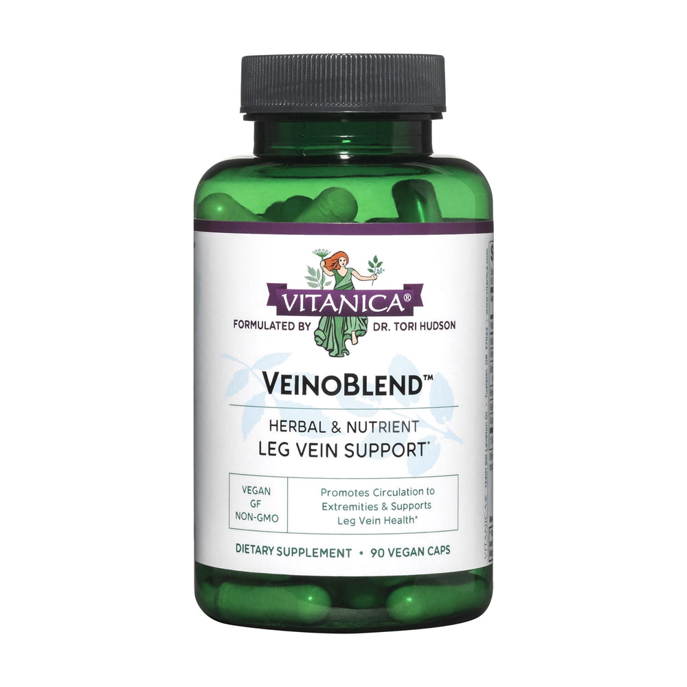 Vitanica VeinoBlend bottle front view for leg support and vein health.