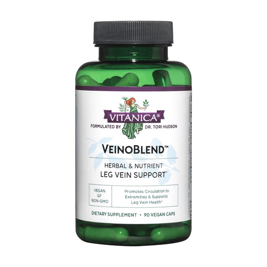 Vitanica VeinoBlend bottle front view for leg support and vein health.