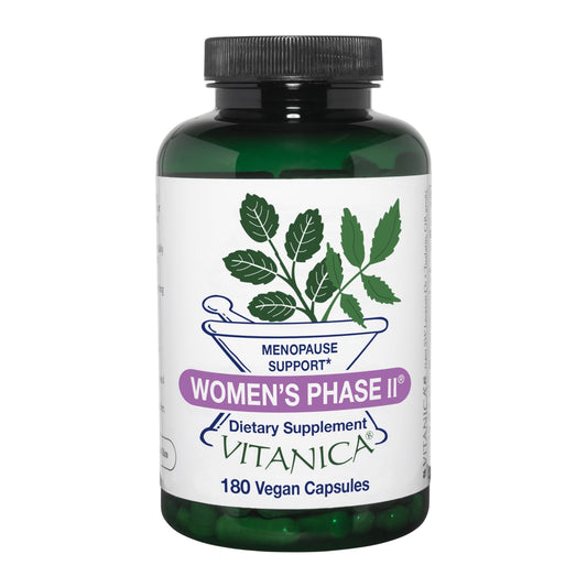 Vitanica Women's Phase II bottle close-up highlighting vegan menopause support.