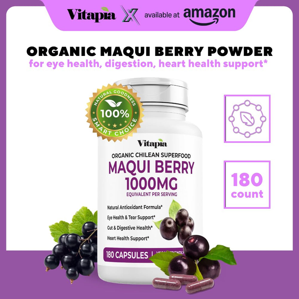 Vitapia Maqui Berry bottle on white highlights vegan-friendly, gluten-free formulation.