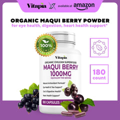Vitapia Maqui Berry bottle on white highlights vegan-friendly, gluten-free formulation.