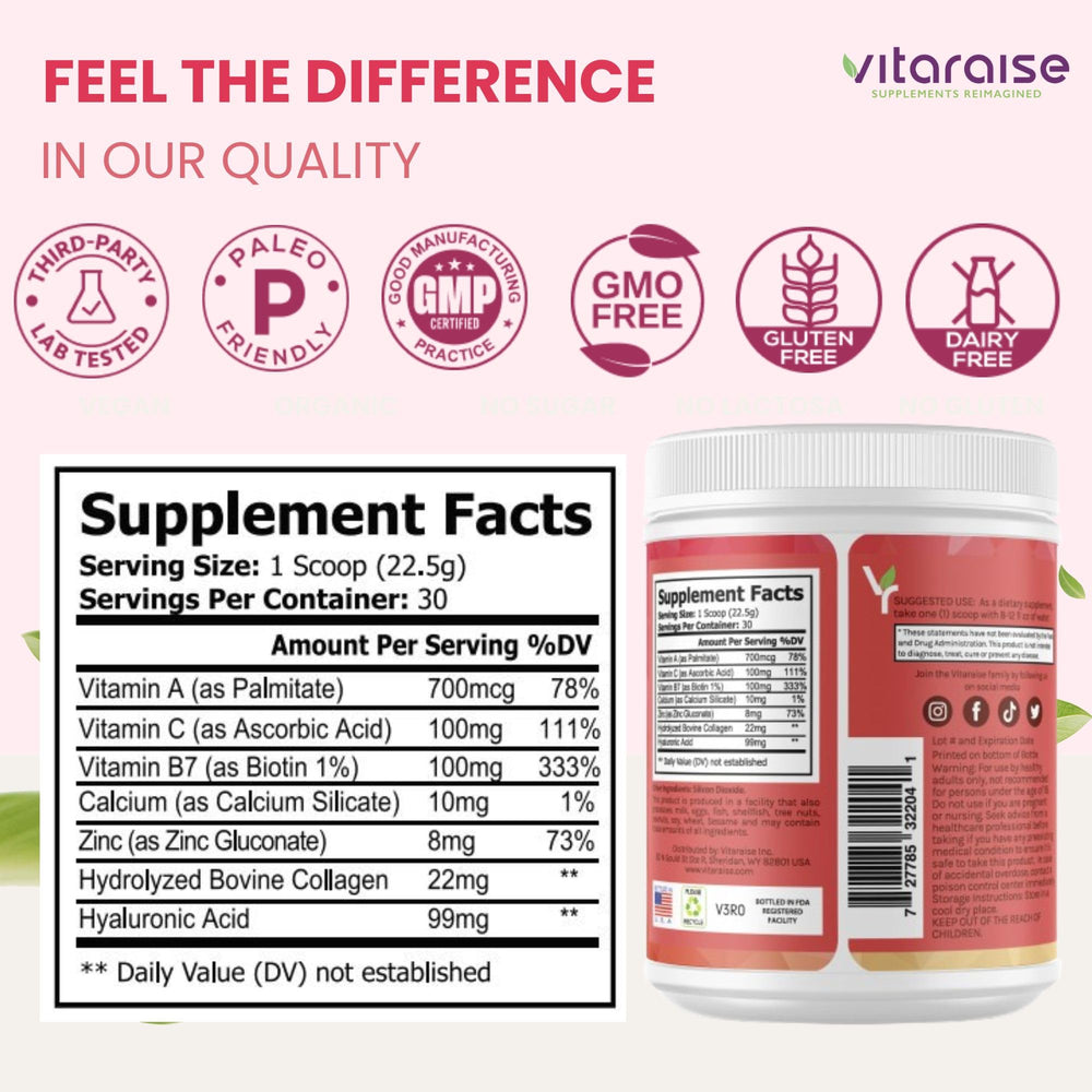Vitaraise Hydrolyzed Collagen Powder nutrition label highlights vitamins and minerals