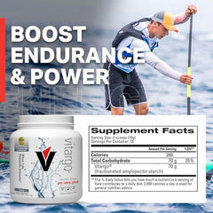 Vitargo carbohydrate powder bottle inside a sports bag for training.