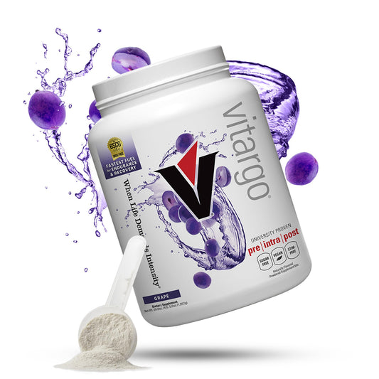 Vitargo carbohydrate powder bottle pour showing fast glycogen support after workouts.