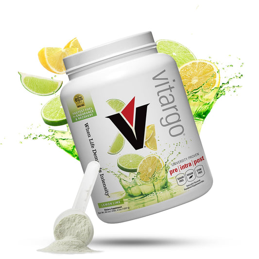 Vitargo carbohydrate powder lemon lime tub shown for fast glycogen support.