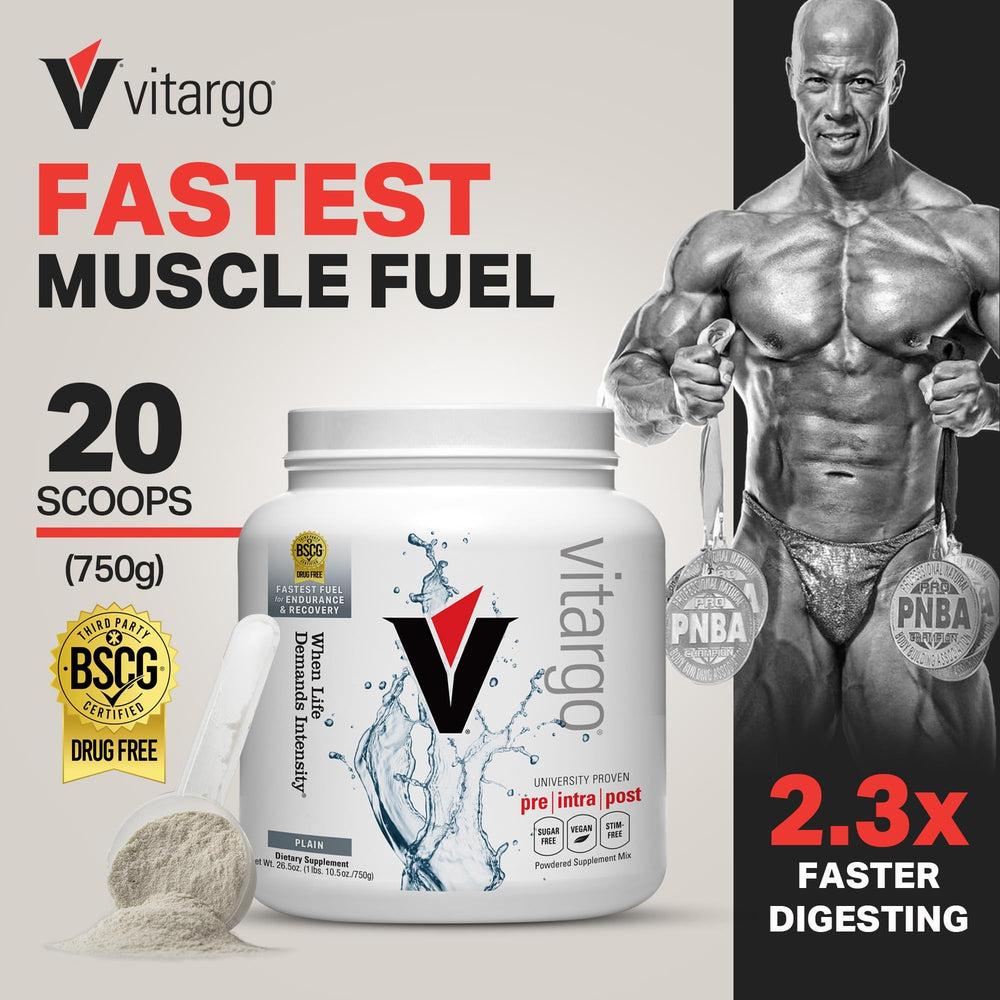 Vitargo carbohydrate powder scoop beside the tub for precise dosing.