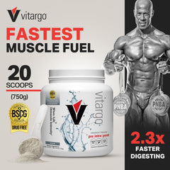 Vitargo carbohydrate powder scoop beside the tub for precise dosing.