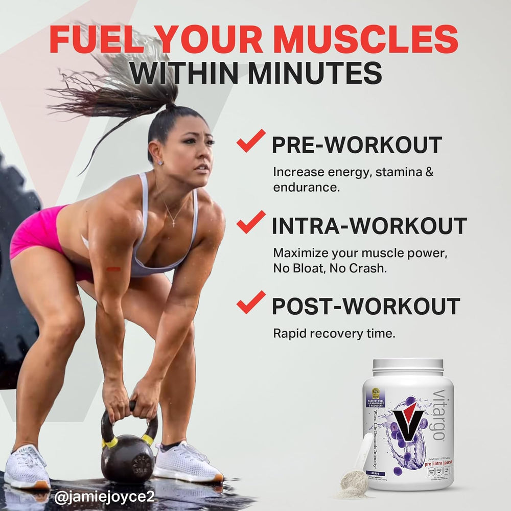 Vitargo carbohydrate powder bottle ready to stack with pre or intra workout supplements.