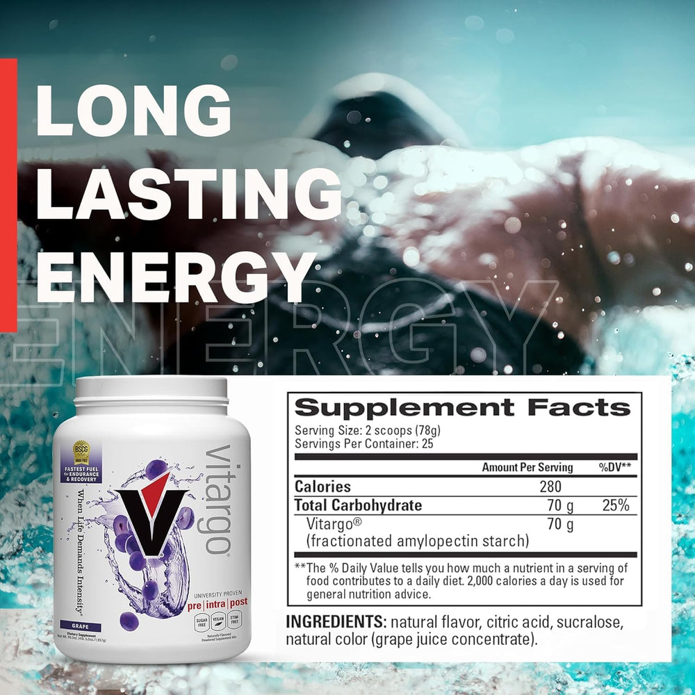 Vitargo carbohydrate powder manufactured in the USA ensuring quality and safety.