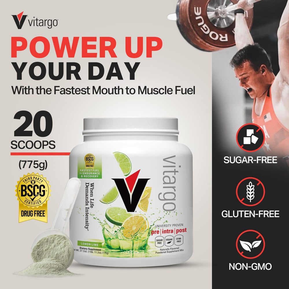 Vitargo lemon-lime scoop ready to mix for quick energy before training.