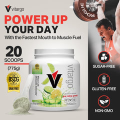 Vitargo lemon-lime scoop ready to mix for quick energy before training.