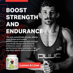 Vitargo lemon-lime shaker bottle shows easy intra-workout fueling.