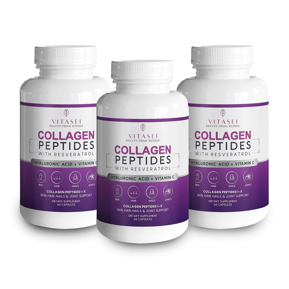 VITASEI collagen peptide capsules with hyaluronic acid bottle promotes hydrated, supple skin and flexible joints.
