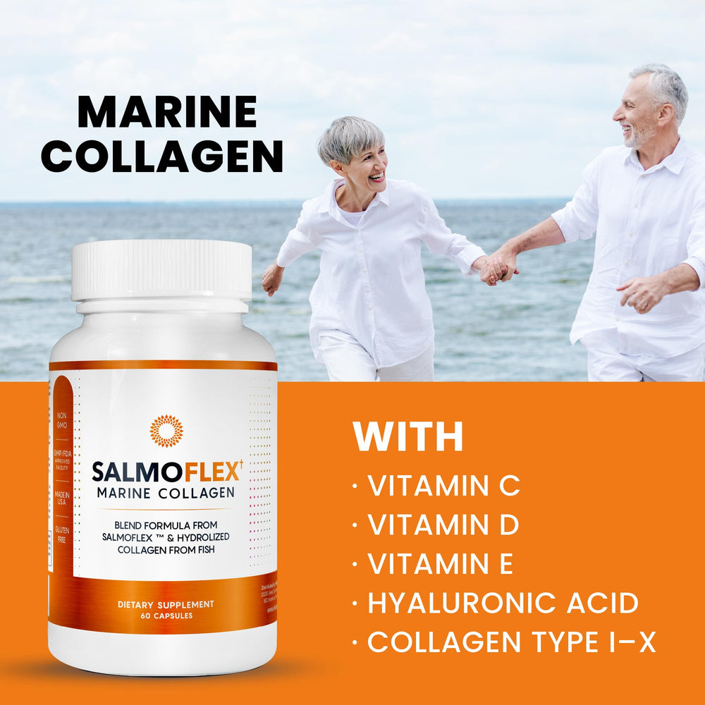 Ingredients panel showing salmon collagen, hyaluronic acid, and essential vitamins