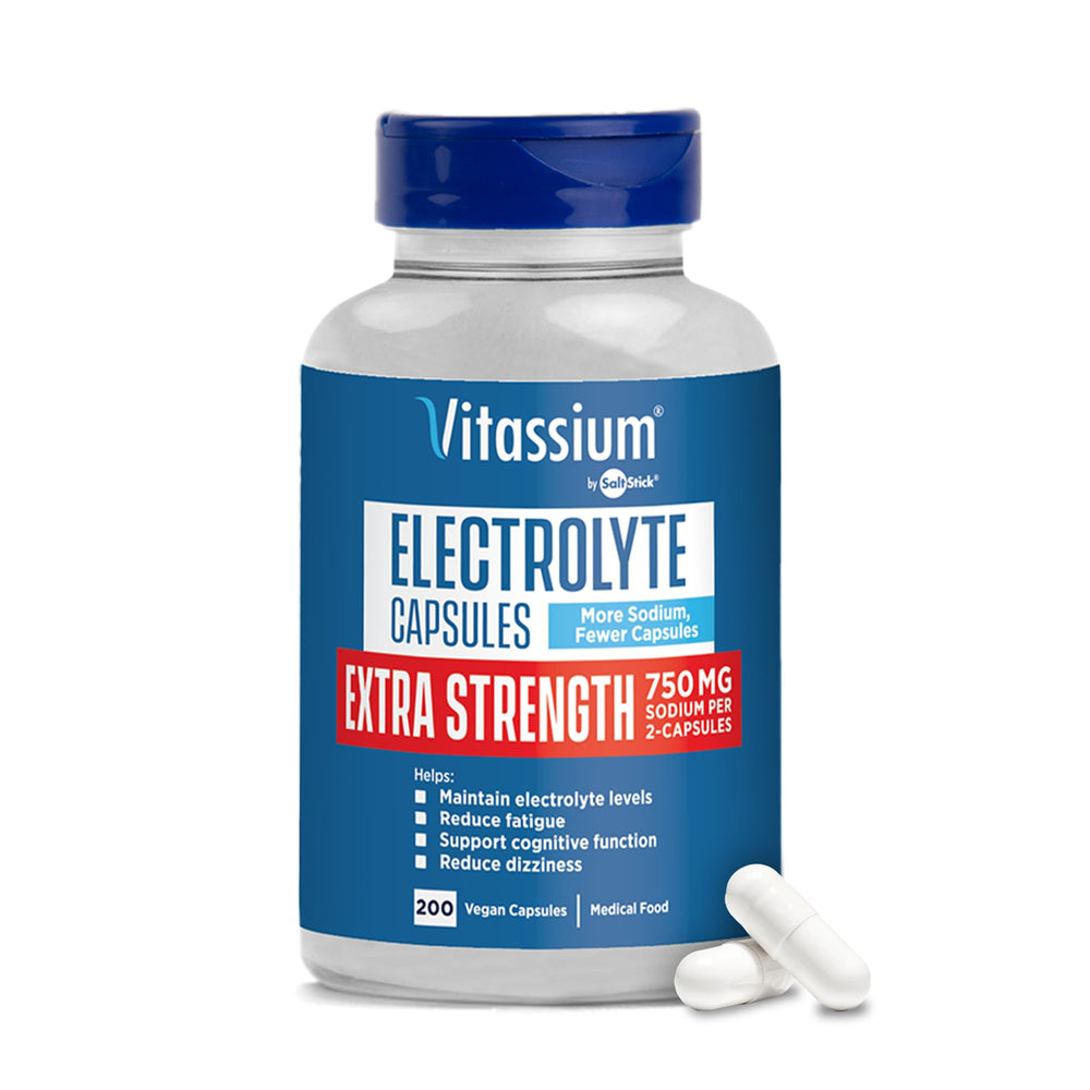 Vitassium bottle open showing unflavored electrolyte capsules for on-the-go use
