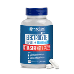 Vitassium bottle open showing unflavored electrolyte capsules for on-the-go use