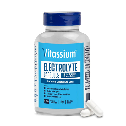 Vitassium electrolyte capsules bottle front view for easy daily hydration support