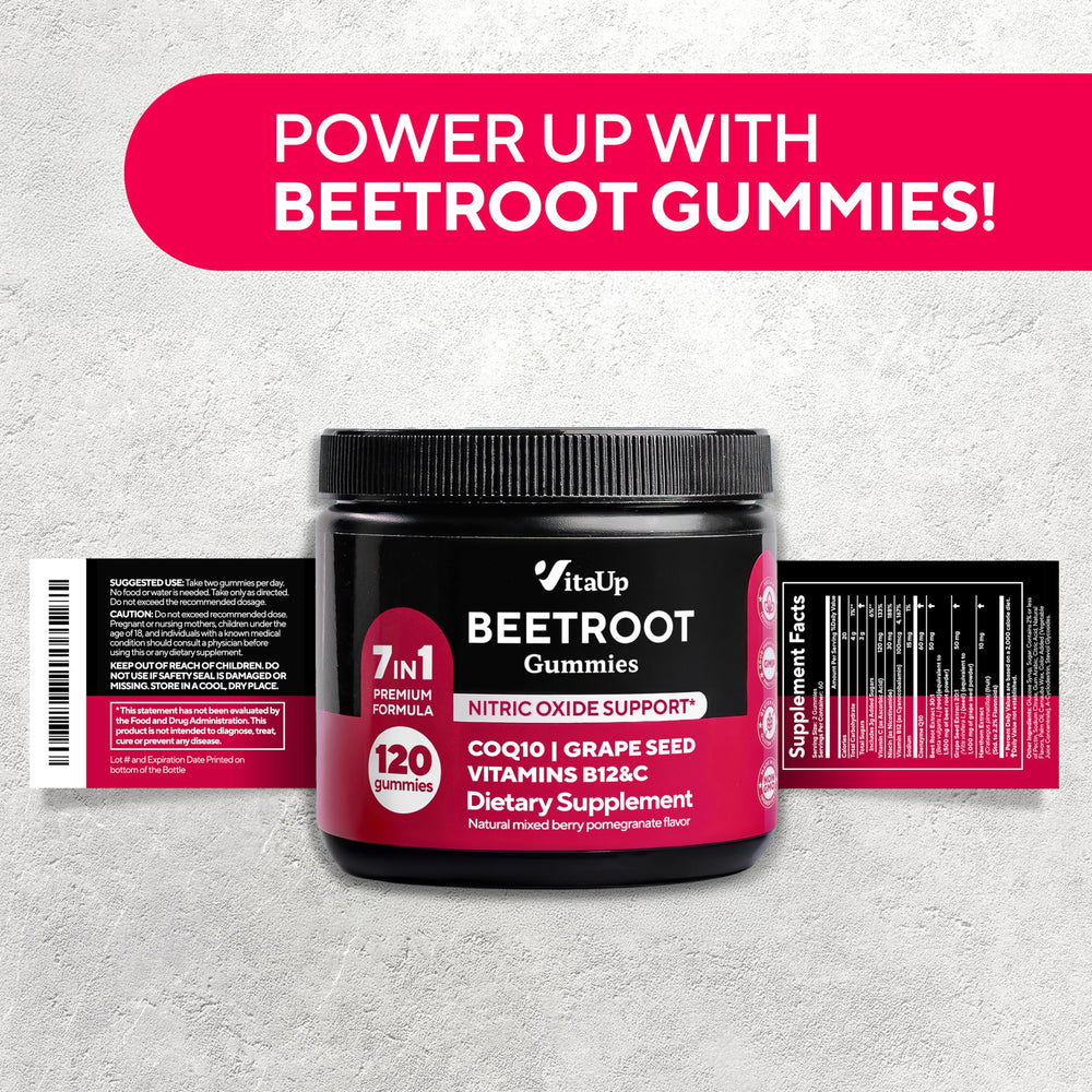 VitaUp Beet Root Gummies ingredient panel near bottle emphasizing gluten-free and non-GMO