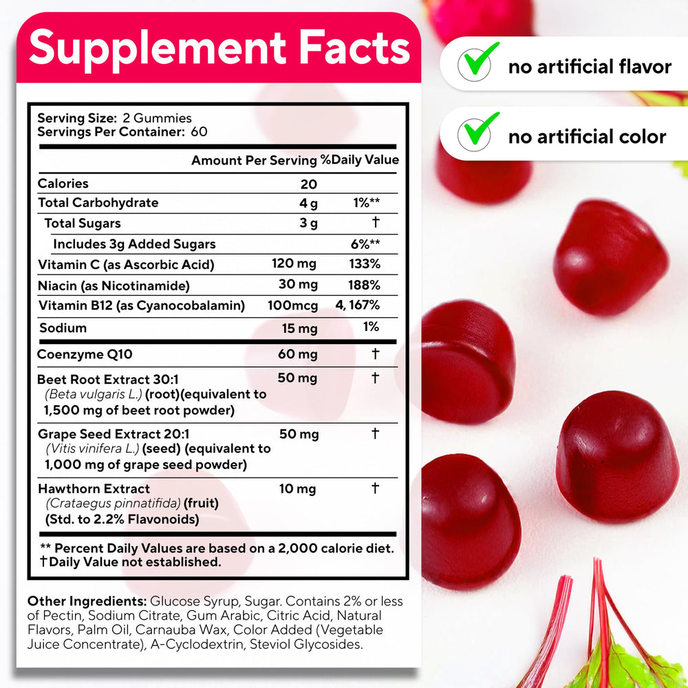 VitaUp Beet Root Gummies label closeup featuring CoQ10 and B vitamins for vitality